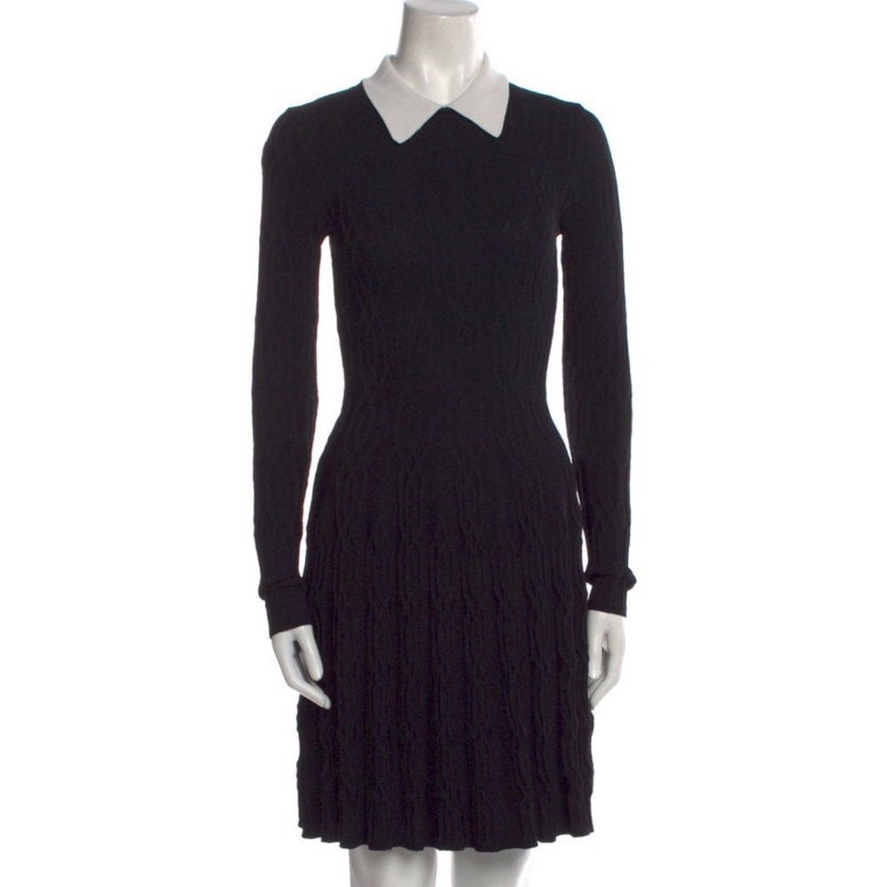 Sandro Paris Black Knit white collared Long Sleeve Wednesday Adam’s MiniDress